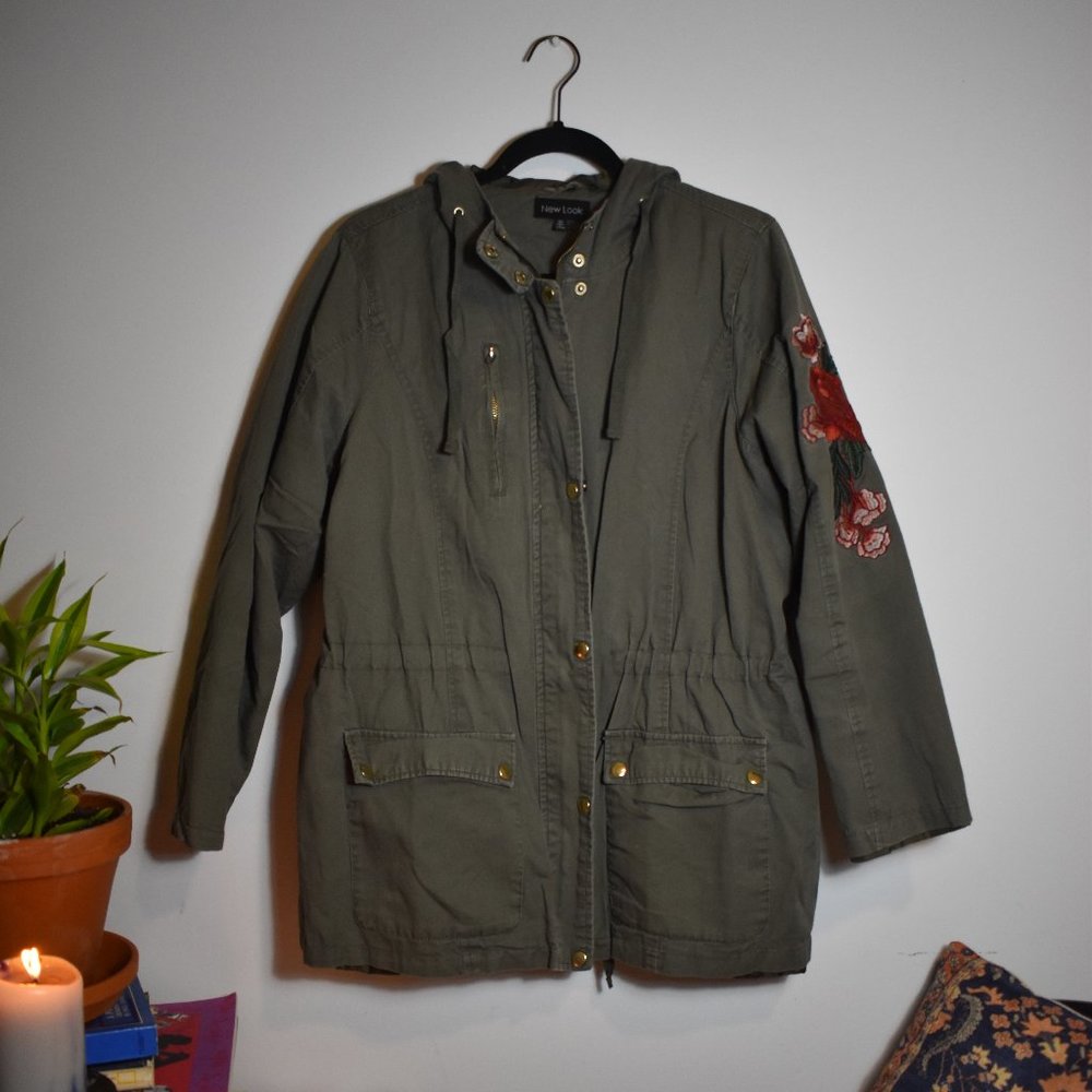Olive Green Jacket with Floral Patches